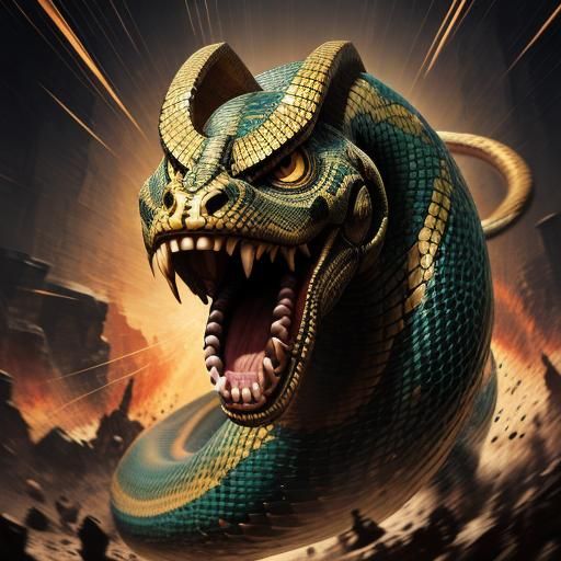 Serpent God of Chaos Attacking in Egyptian Art Style