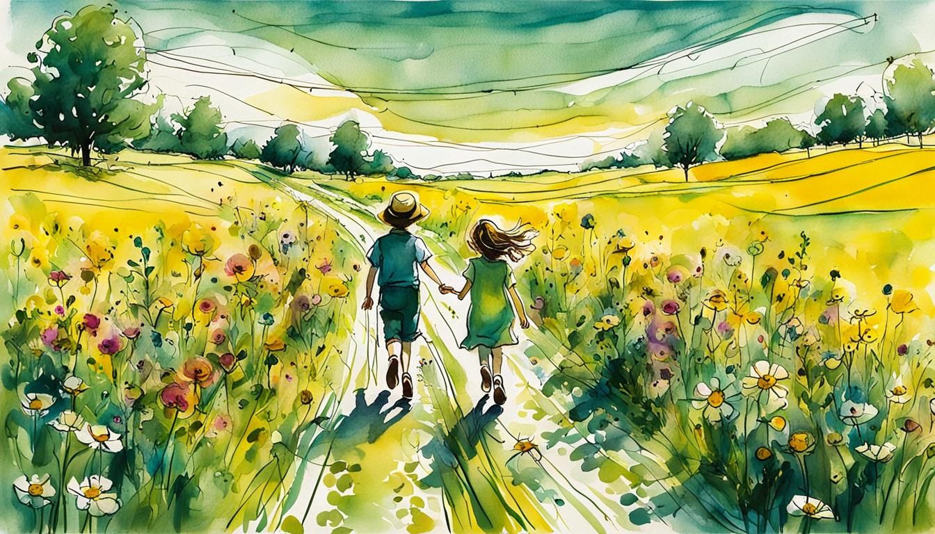 Children Conducted in Blooming Summer Meadow