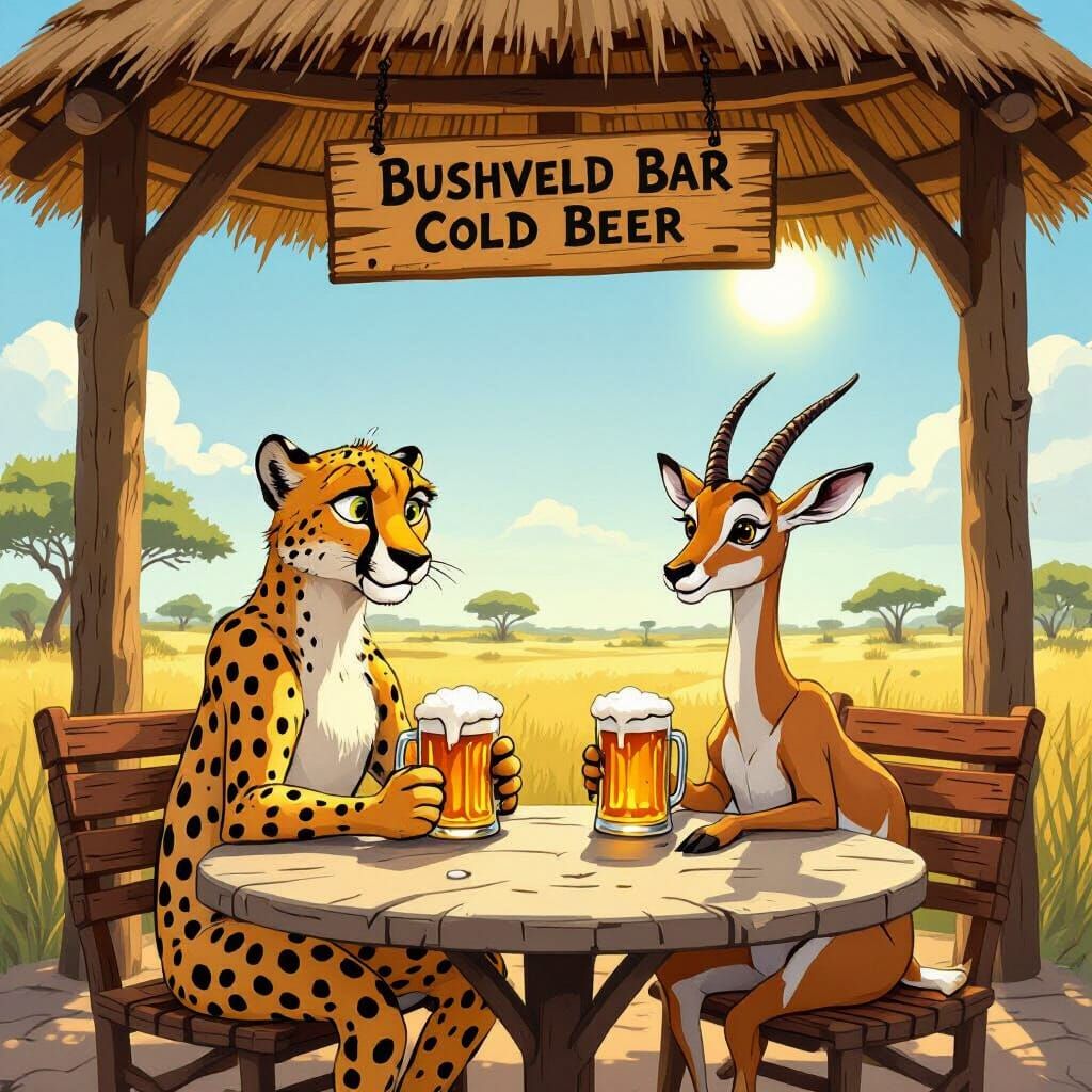 Cheetah and Gazelle Enjoy Beer at Bushveld Bar
