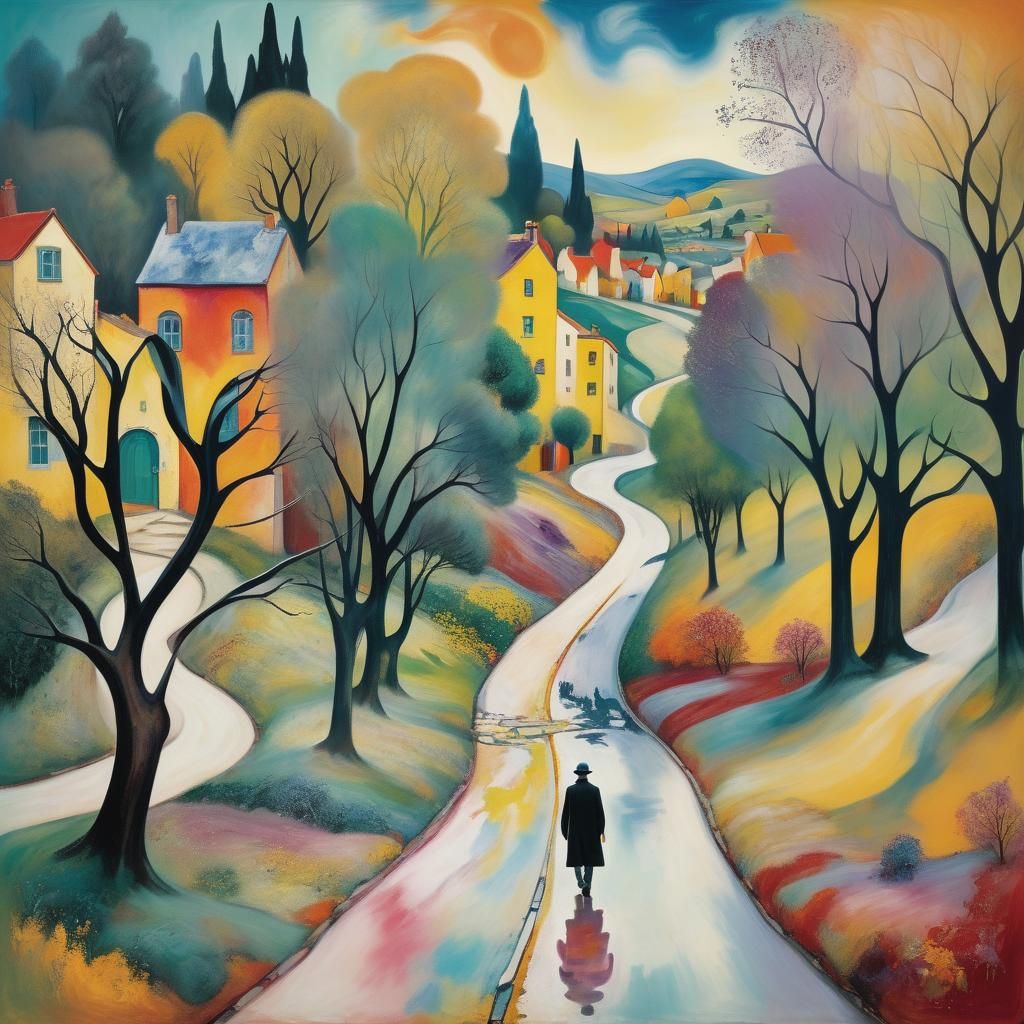 Dreamlike Figure in Surrealist Landscape with Melting Buildi...