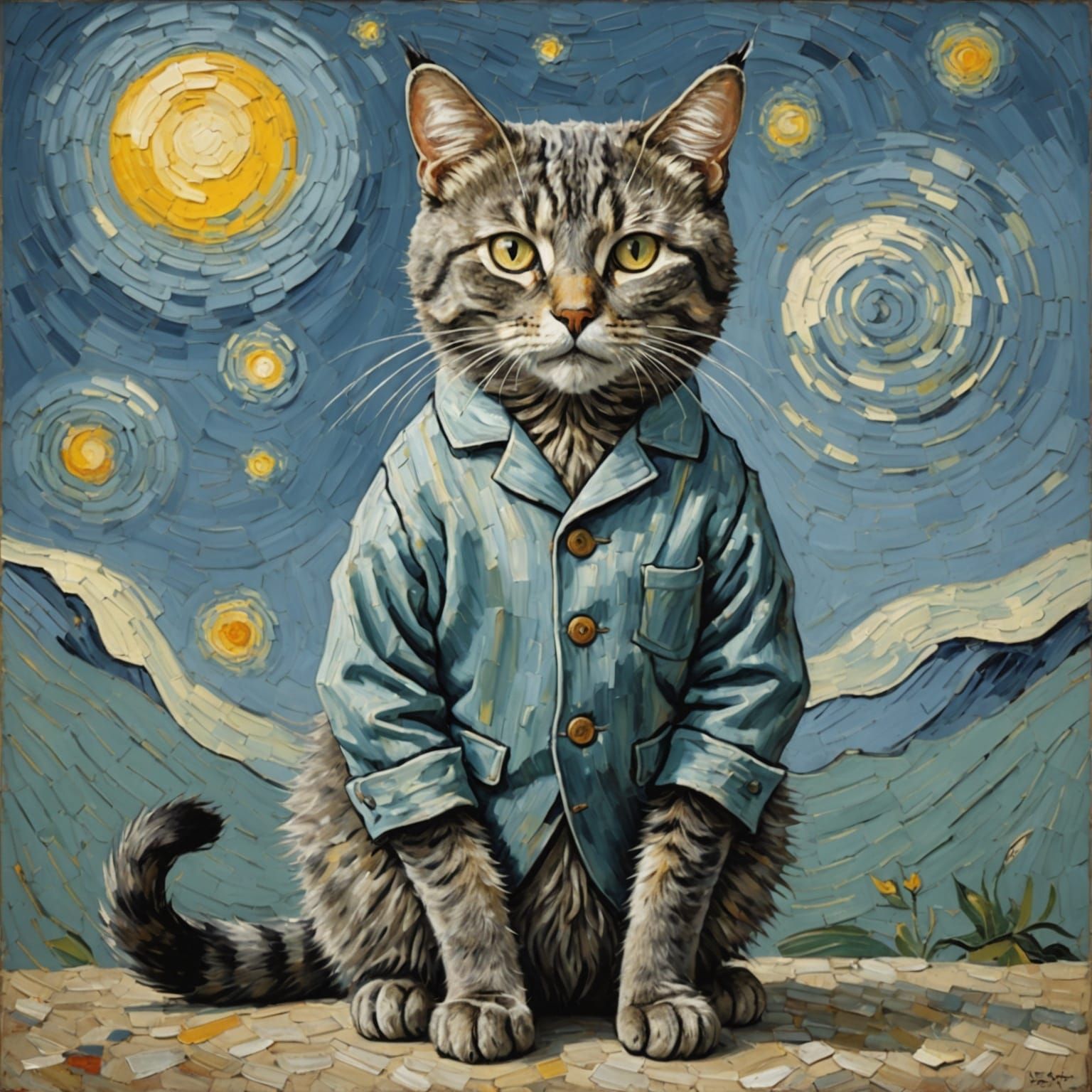 Anthropomorphic Cat Painter in Post-Impressionist Style