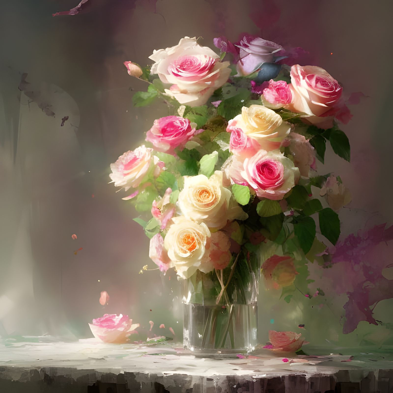 Vase of Roses in Sunlight: Digital Anime Art