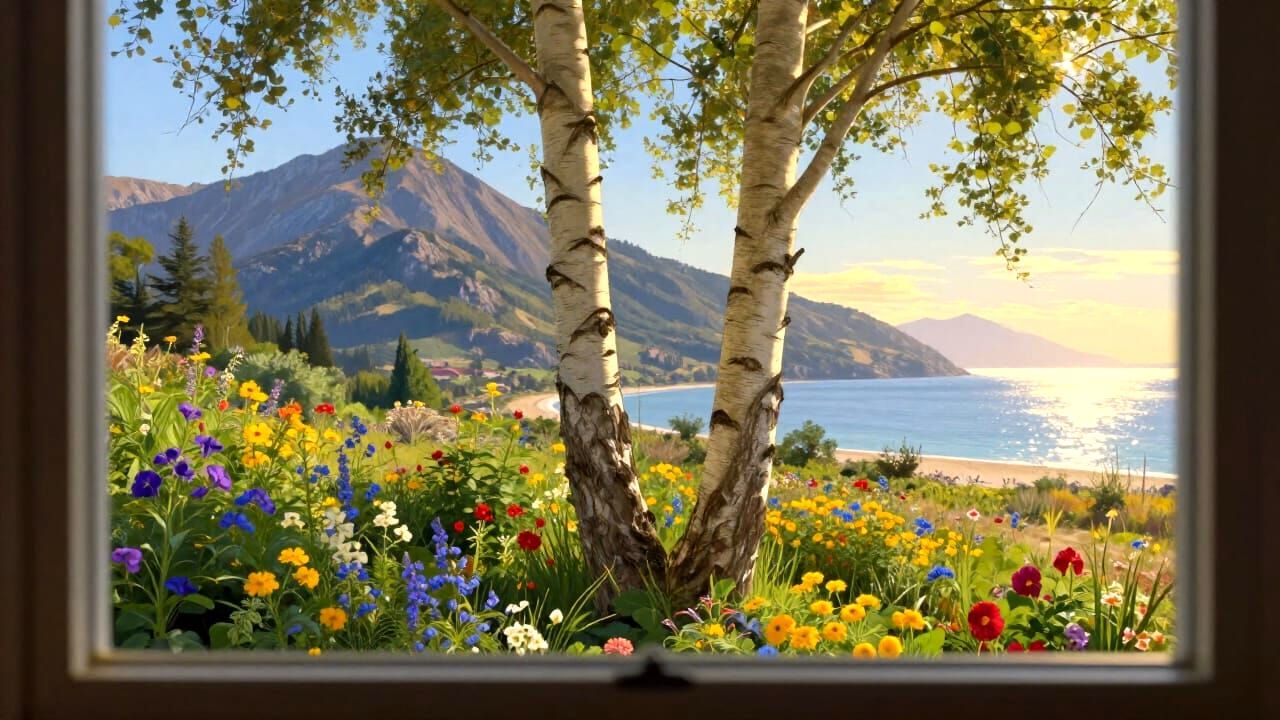 Birch Trees and Flower Garden Outside Window View