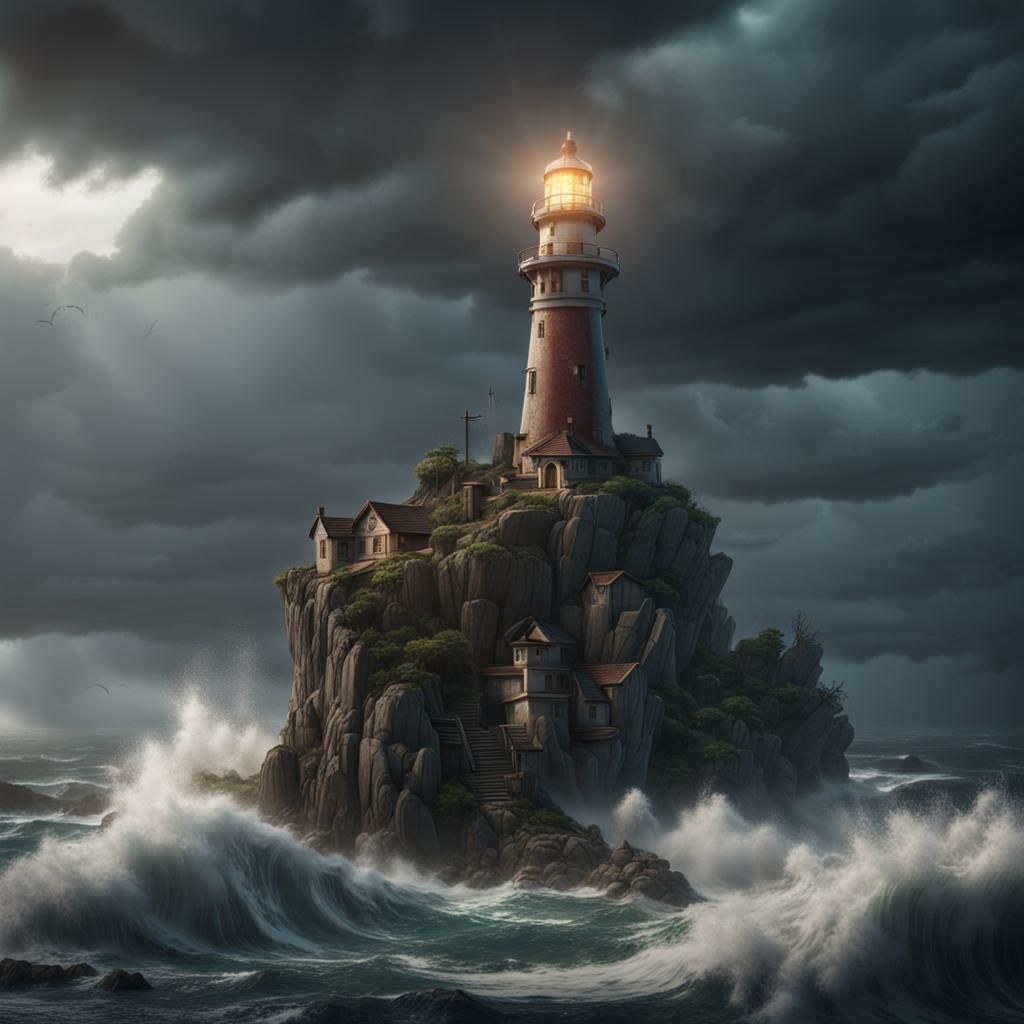Lighthouse on Stormy Island: Detailed Matte Painting