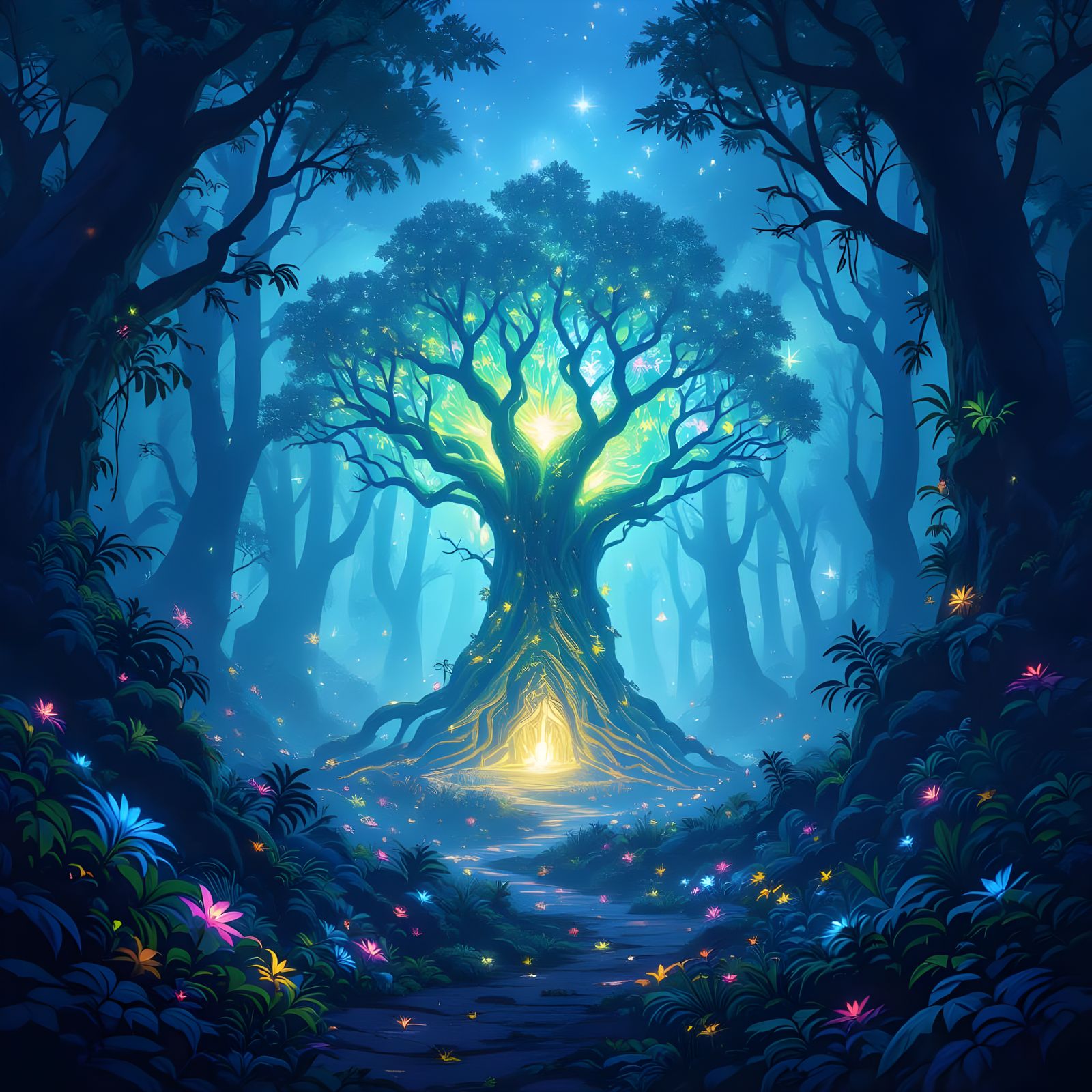 Bioluminescent Forest With Ancient Glowing Tree