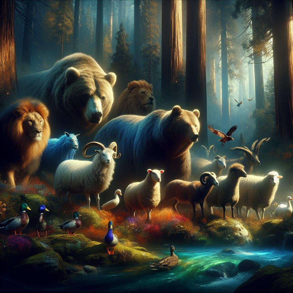 Peaceful Animals Gathering in Lush Forest