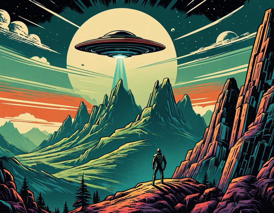 Classic Comic Book Alien Amidst Retro Futurism