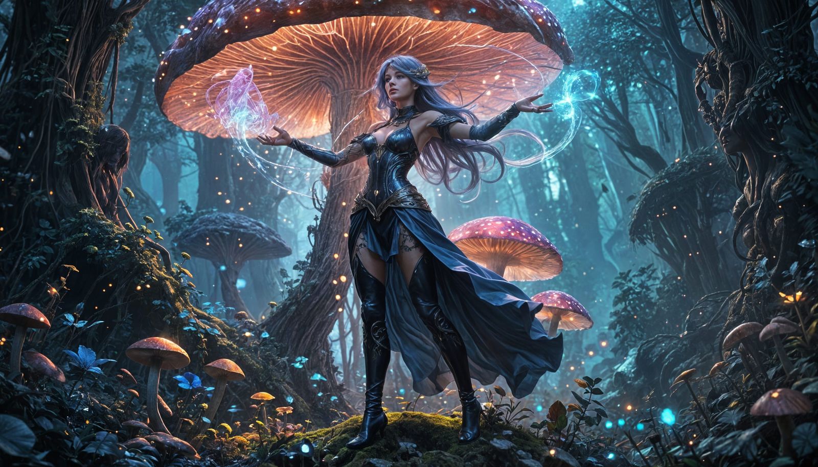 Anime Woman Commands Elements in Enchanted Forest