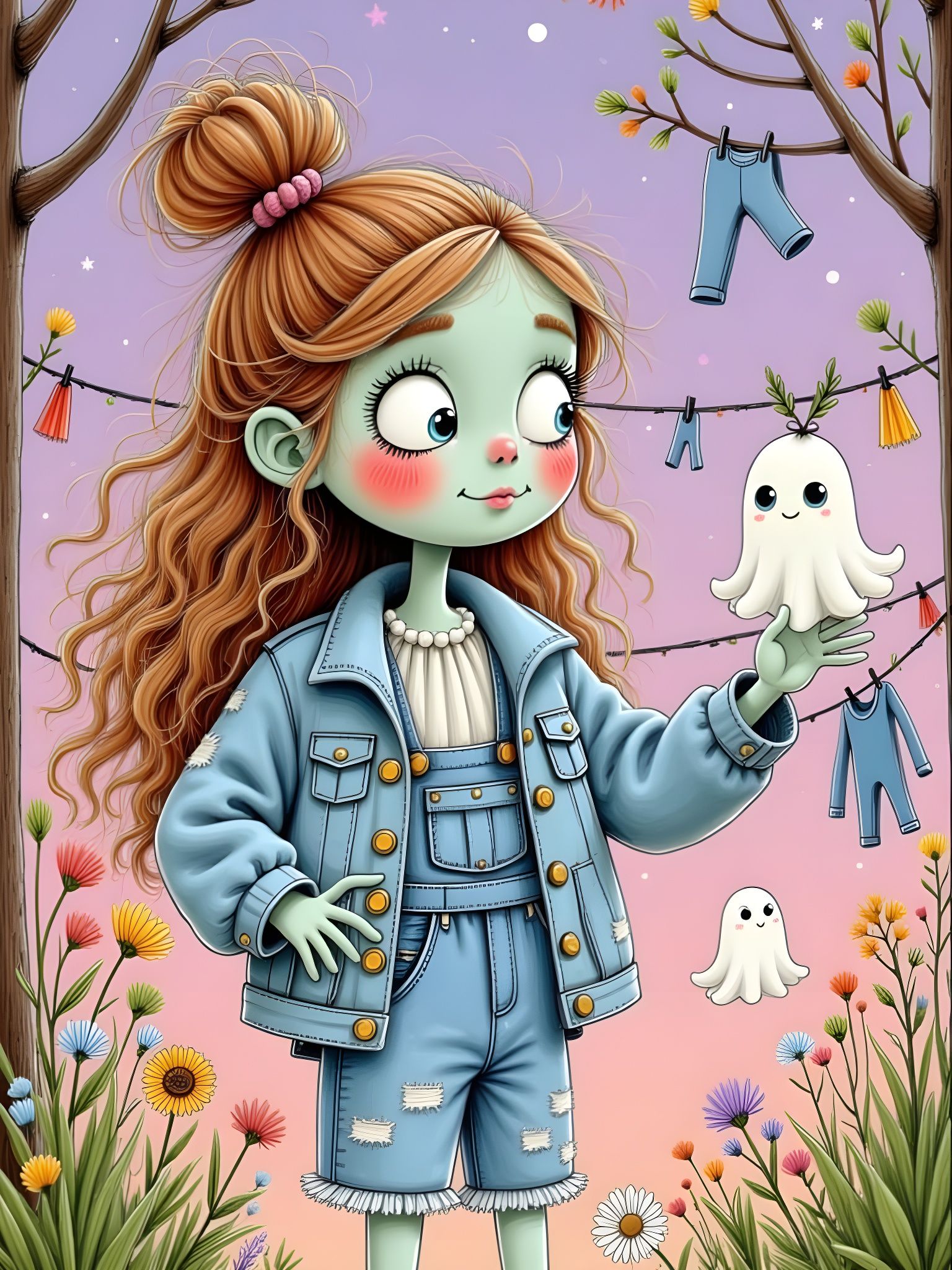 Cute Zombie Girl Doing Laundry Under Lavender Sky