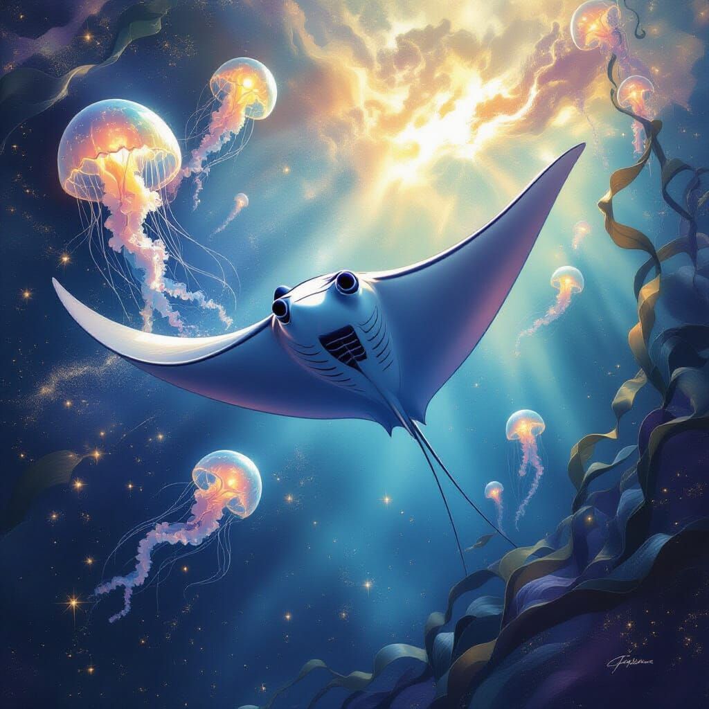 Nebula Manta Ray with Glowing Jellyfish, in Digital Painting...