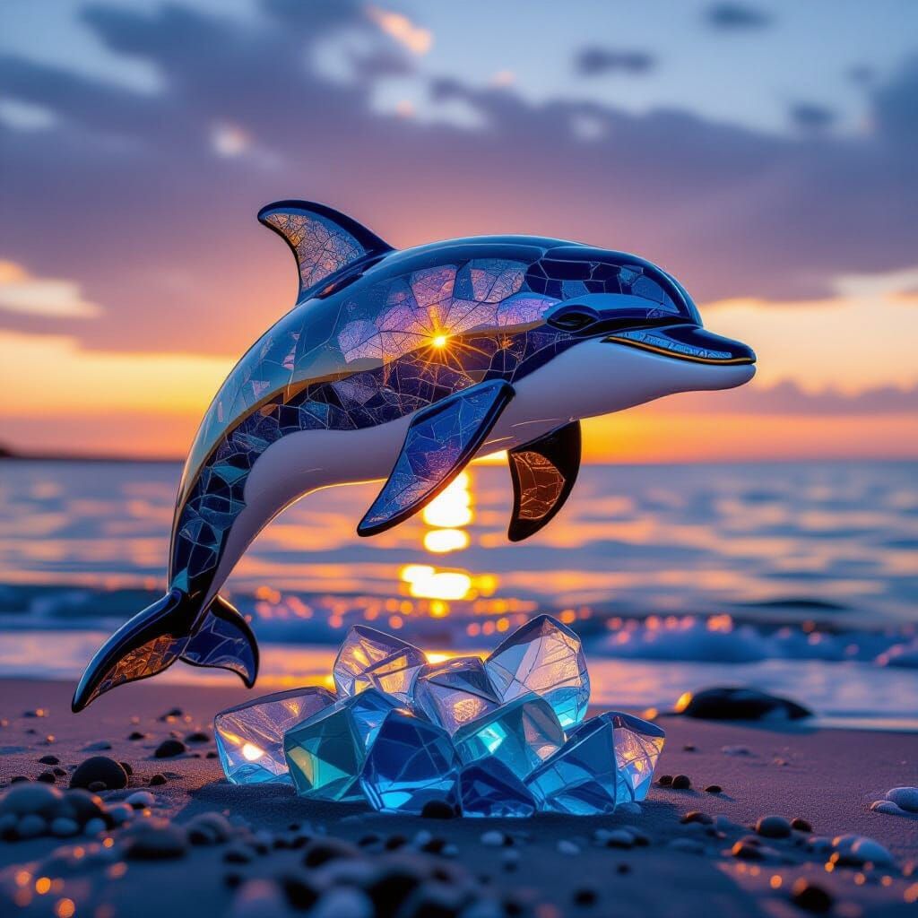 Frosted Sea Glass Dolphin Sculpture at Sunset