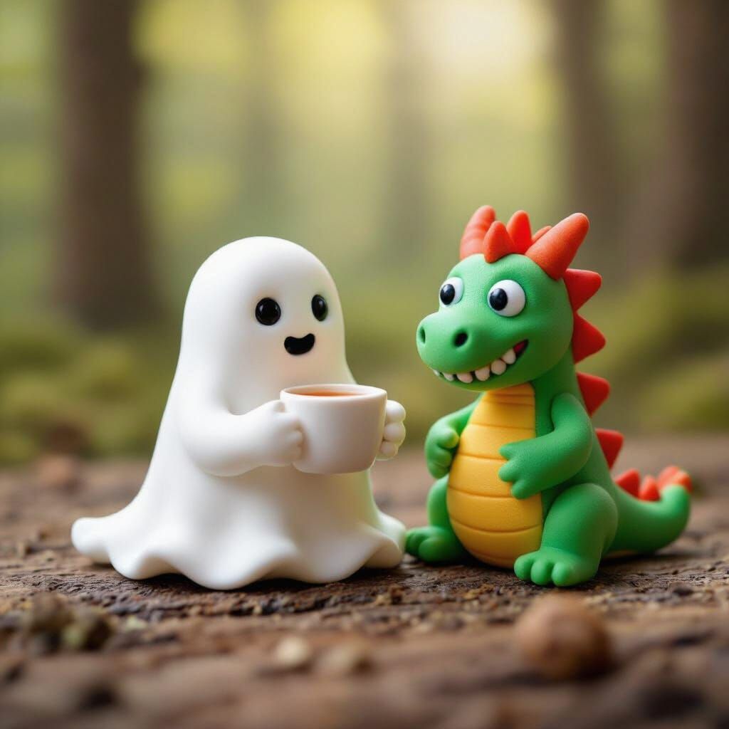 Macro Shot of Tiny Clay Ghost and Playdough Dragon