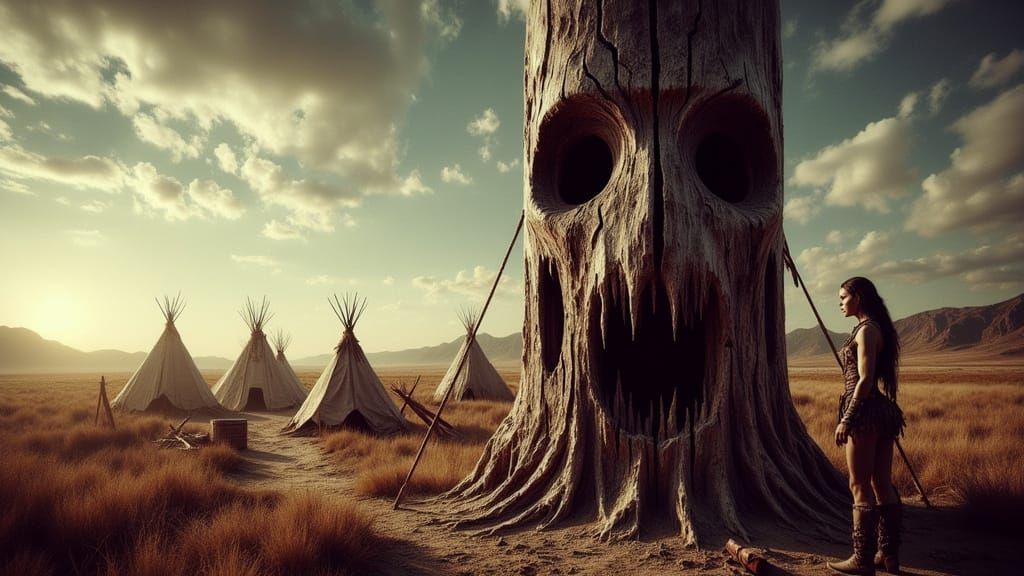Ancient Totem Pole in Macabre Grassland Encampment