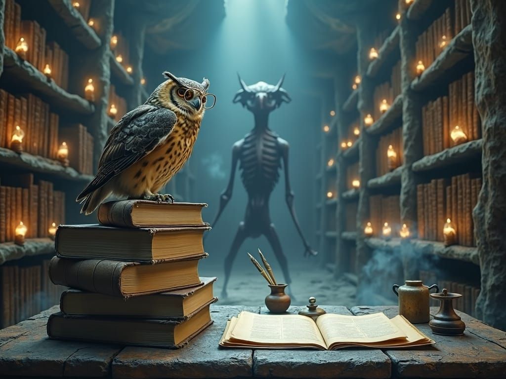 Mystical Owl in Ancient Library as Dark Fantasy Art
