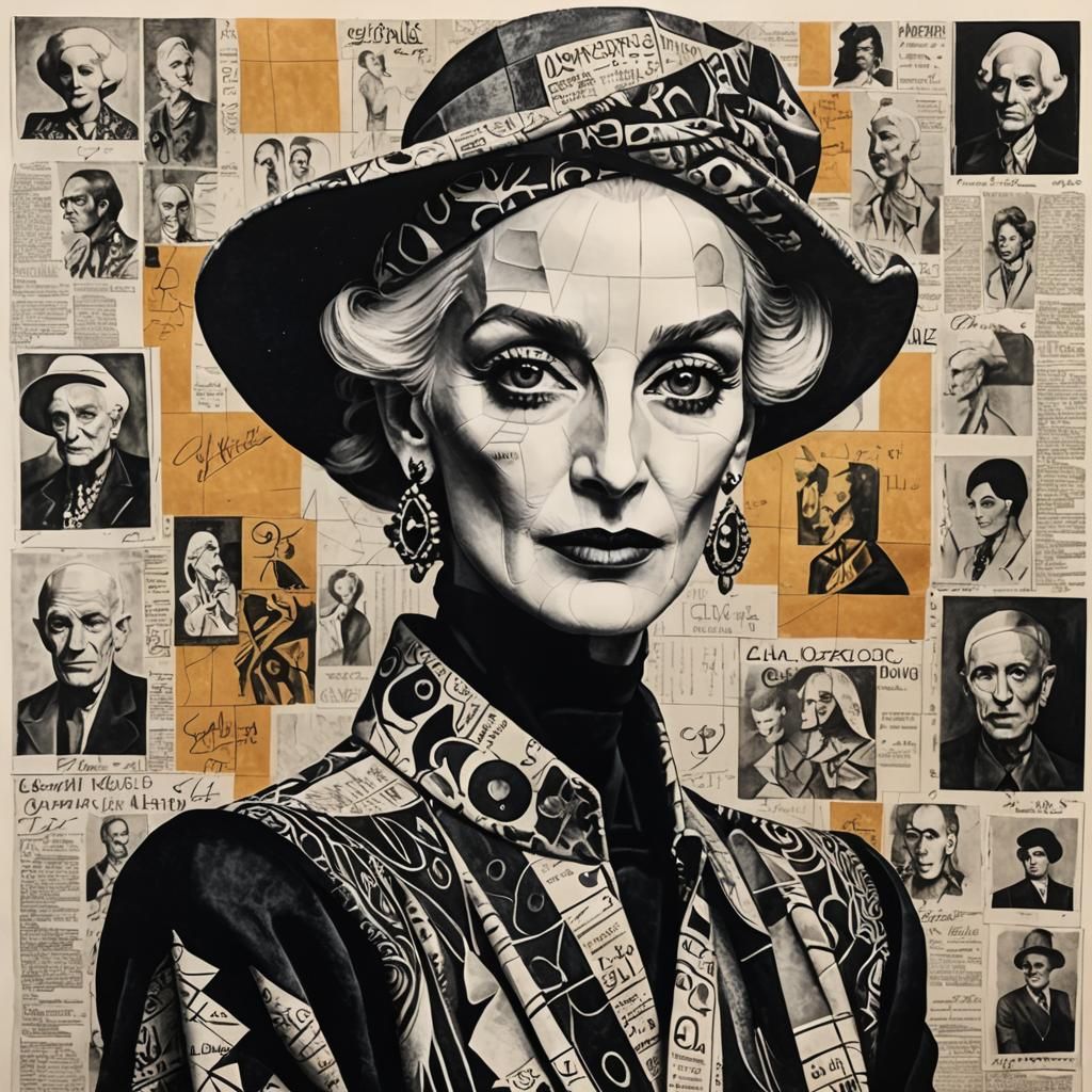 hyperdetailed charcoal drawing 
Carmen Dell’Orrifice, Pablo Picasso suede texture, black and white newspaper print,✨️✨️✨...