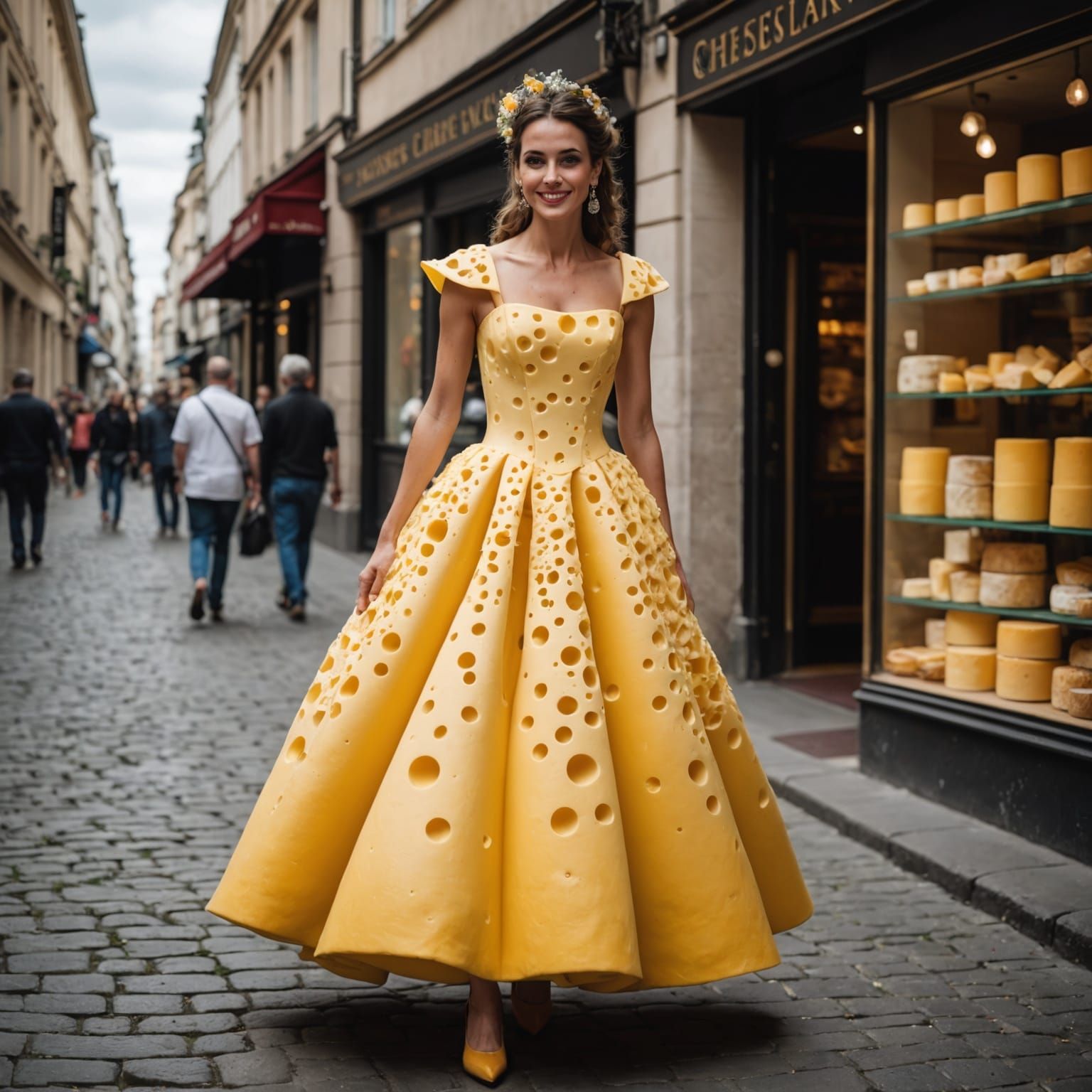 Woman Models Dress Made of Cheese on Catwalk