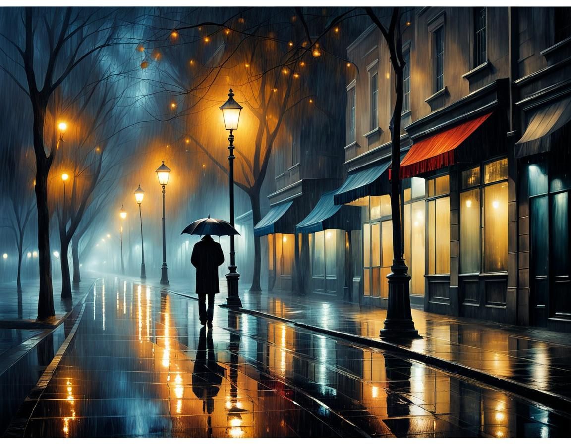 Mysterious Figure in Rainy Street: An Impressionistic Scene
