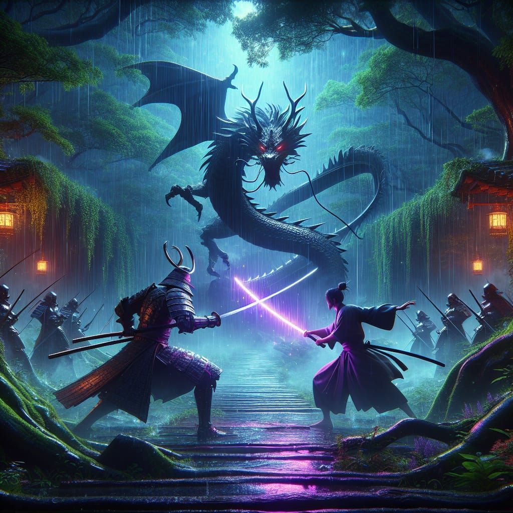 Knight and Samurai Duel in Enchanted Forest