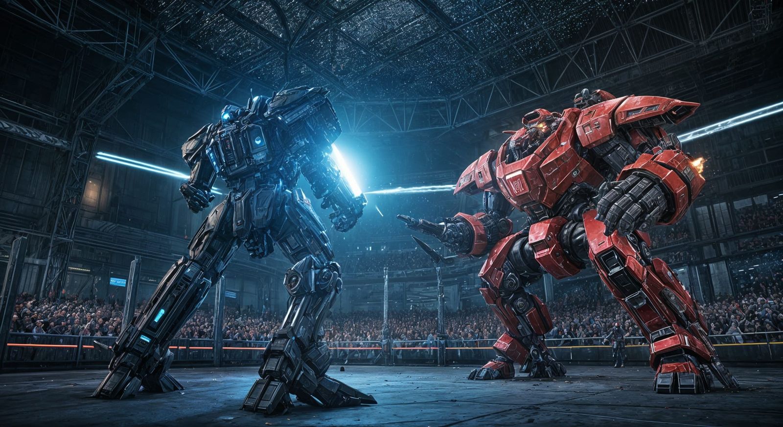 Futuristic Mecha Battle in Cyberpunk Arena