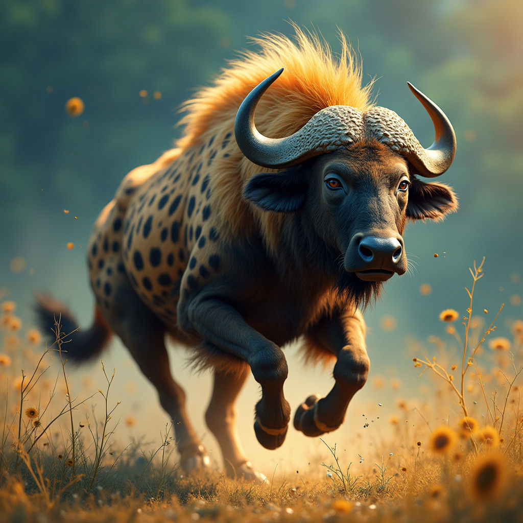 Hybrid Buffalo Hyena Running in African Safari