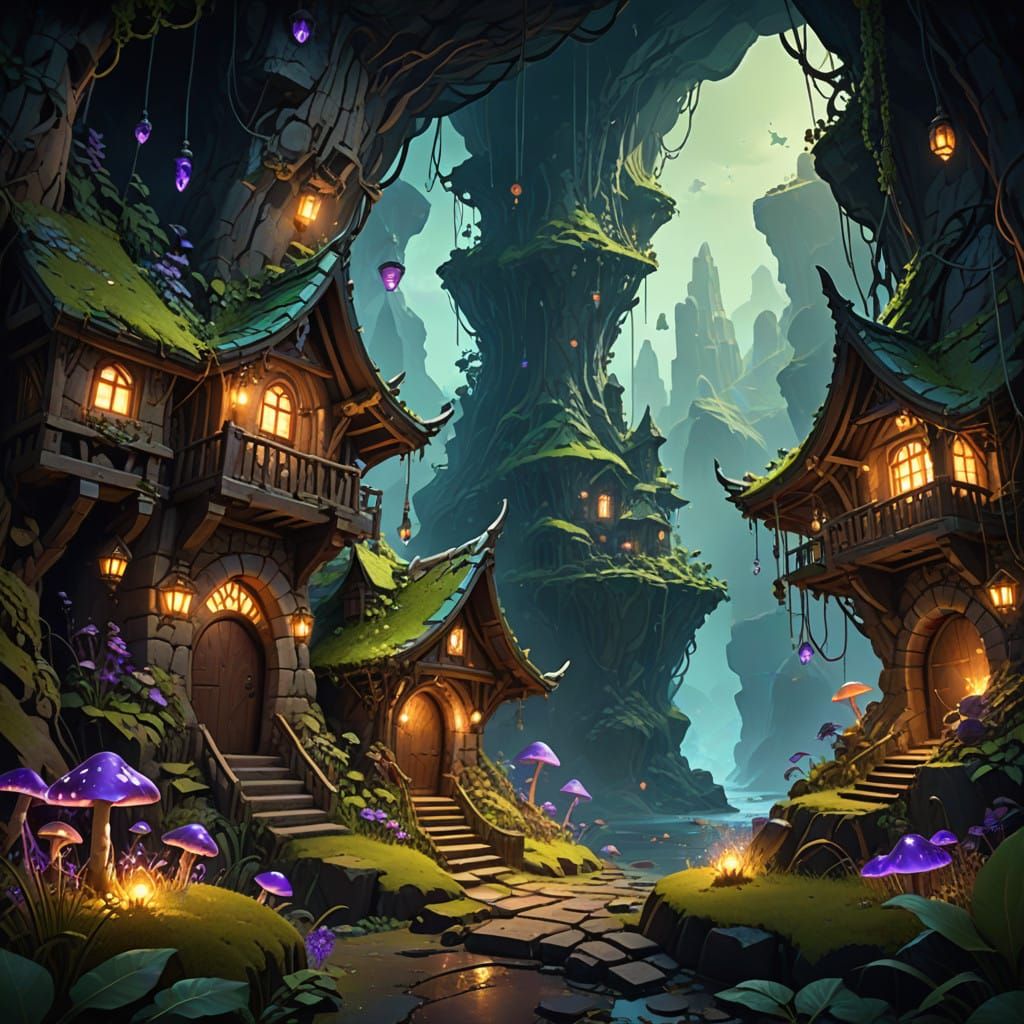 Mystical Goblin Village in a Dark, Twisted Cave