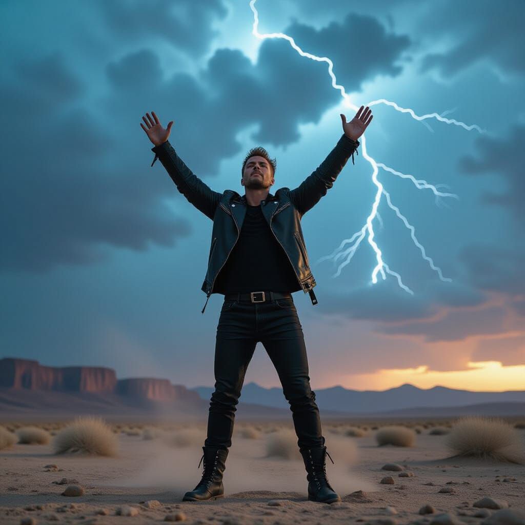 Man in Desert Under Storm Clouds with Lightning