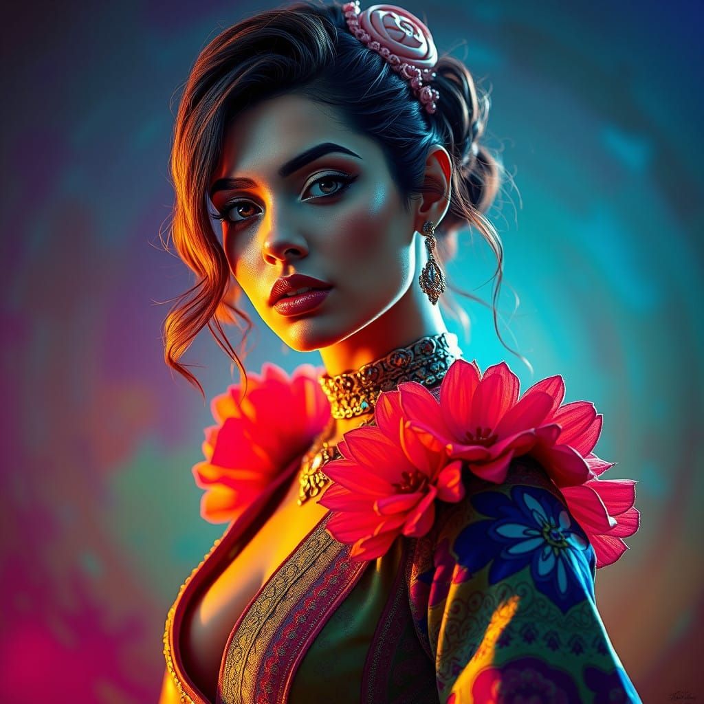 Cameron Díaz in a Vibrant, Elaborate Outfit, with Warm Glow...