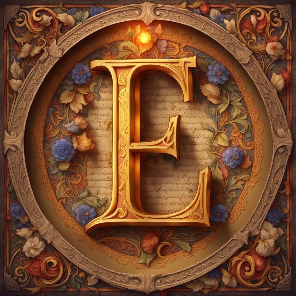 Illuminated Letter E with Medieval Scene on Parchment