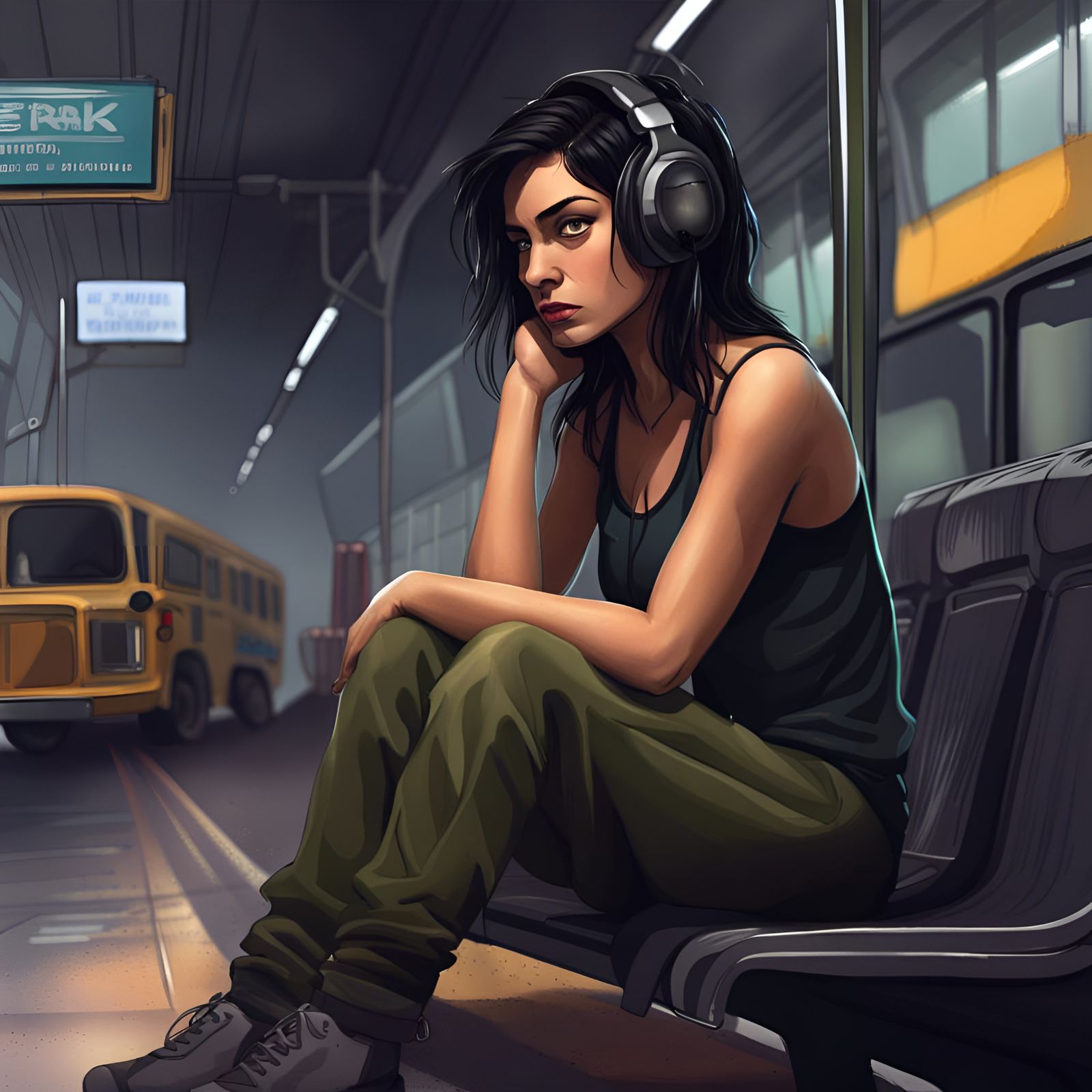 Sad Woman at Bus Station in Comic Style