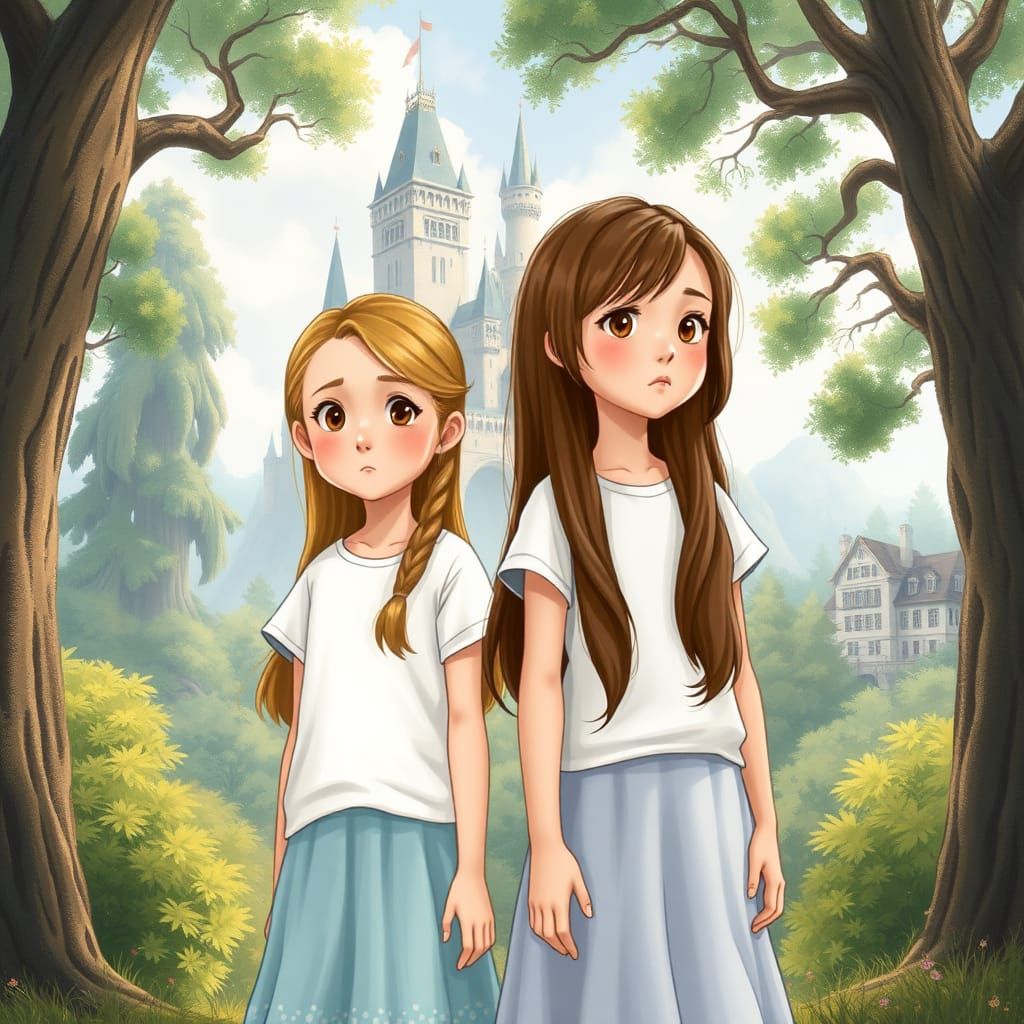 Girls Chatting in Whimsical Fairytale Landscape