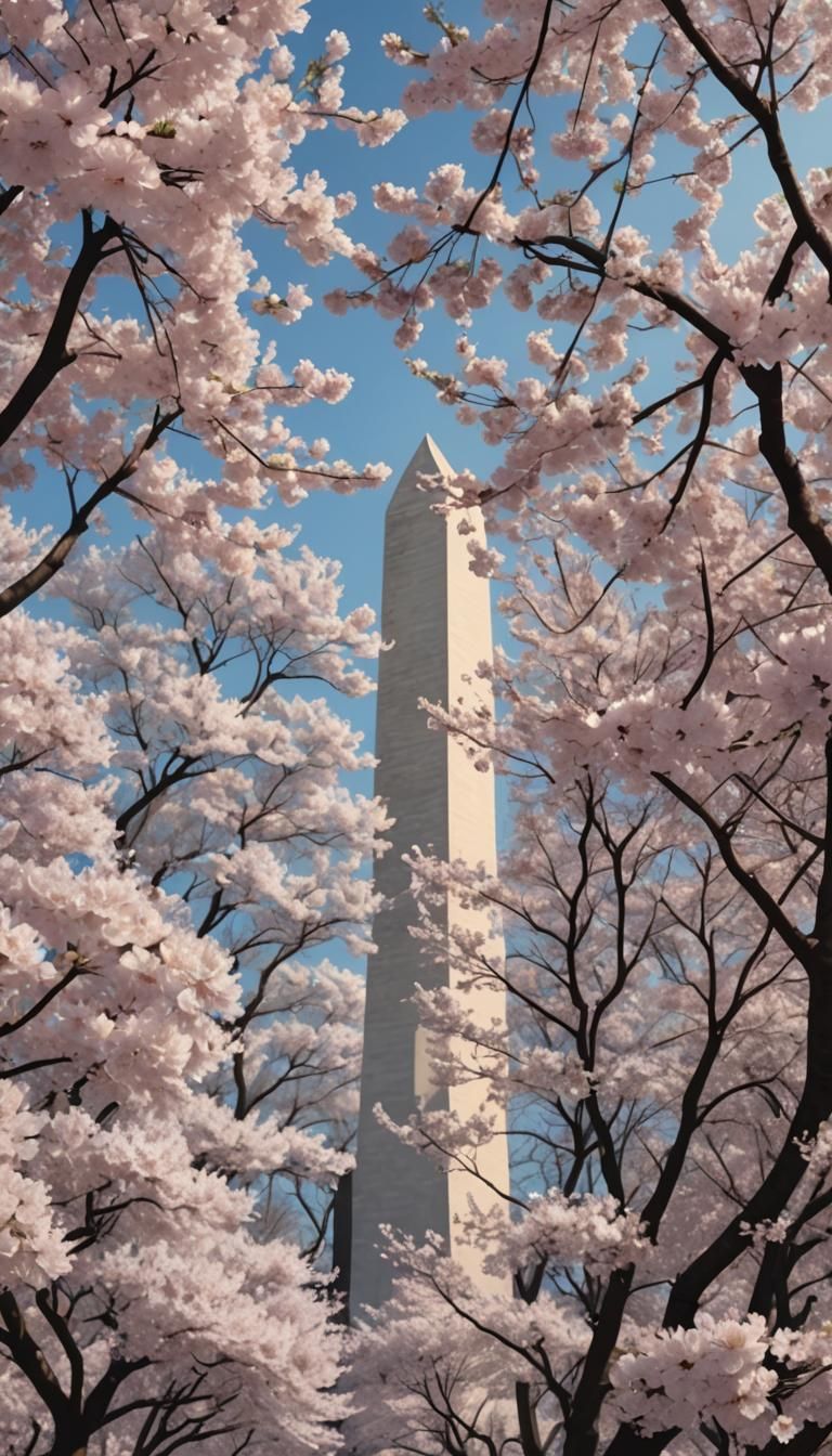 Cherry Blossoms at the Washington Monument: 3D Anime Art