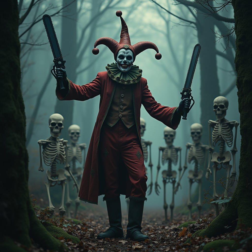 Dark Jester Juggles Chainsaws in Haunted Forest