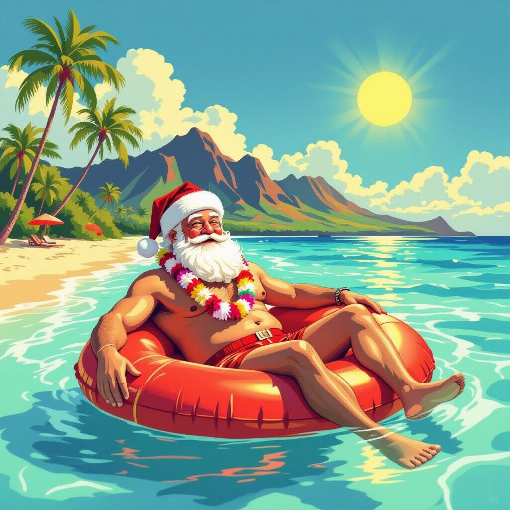 Santa Claus Relaxing on an Inflatable Tube in the Pacific Oc...