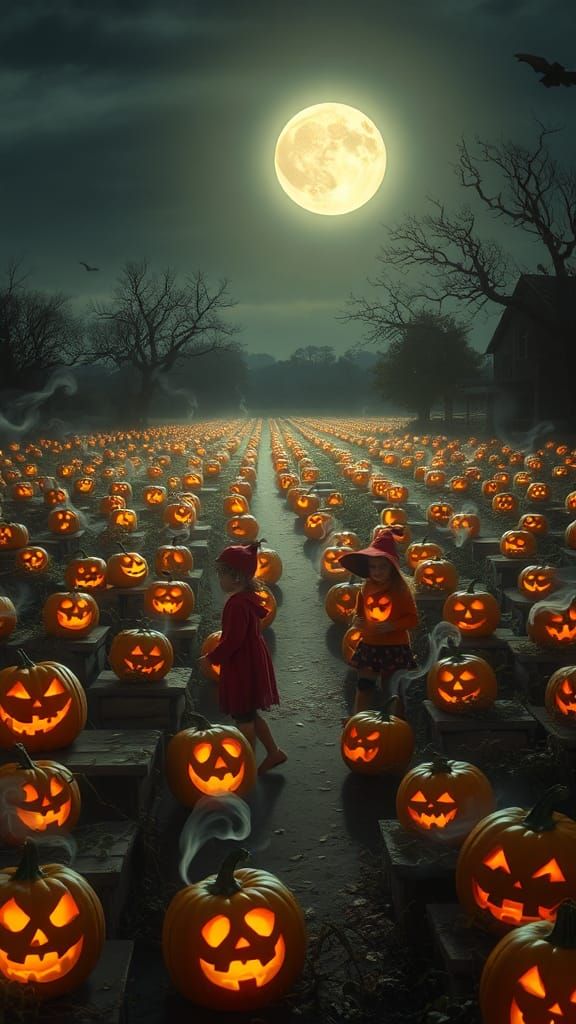 Enchanted Haunted Pumpkin Patch Under Moonlight