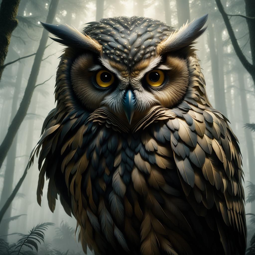 Ethereal Bioluminescent Owl in a Dark Forest