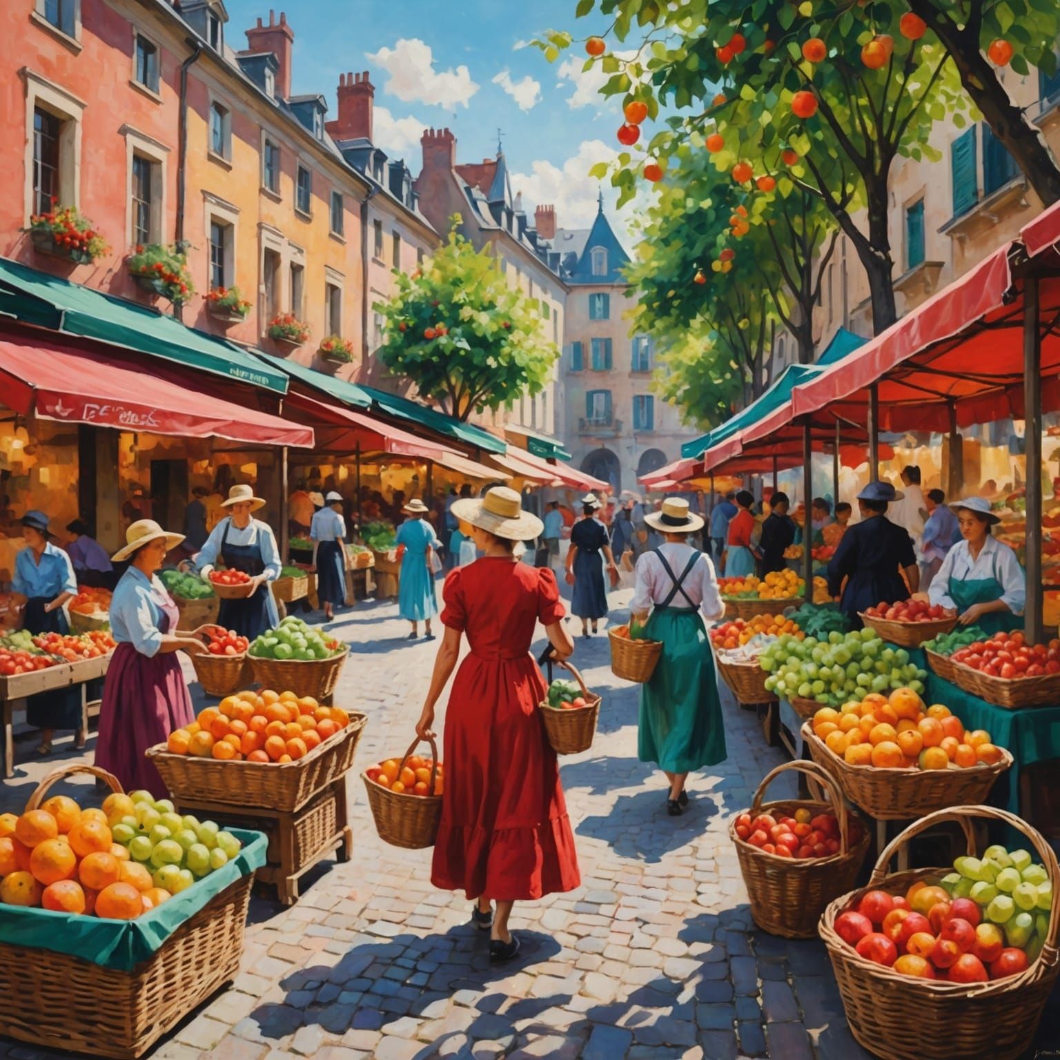 Impressionist Market Scene with Woman in Red