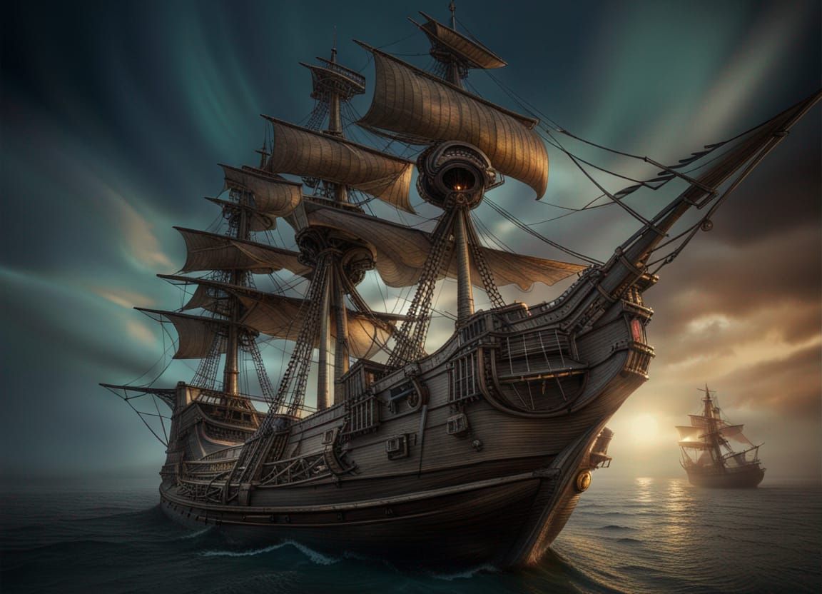 Hyperrealistic Ghost Pirate Ship on Stormy Seas
