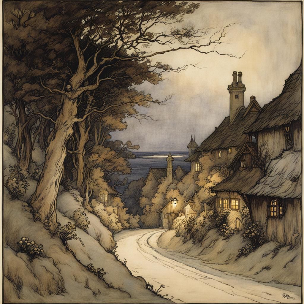 Whimsical Road at Twilight in Rackham Style