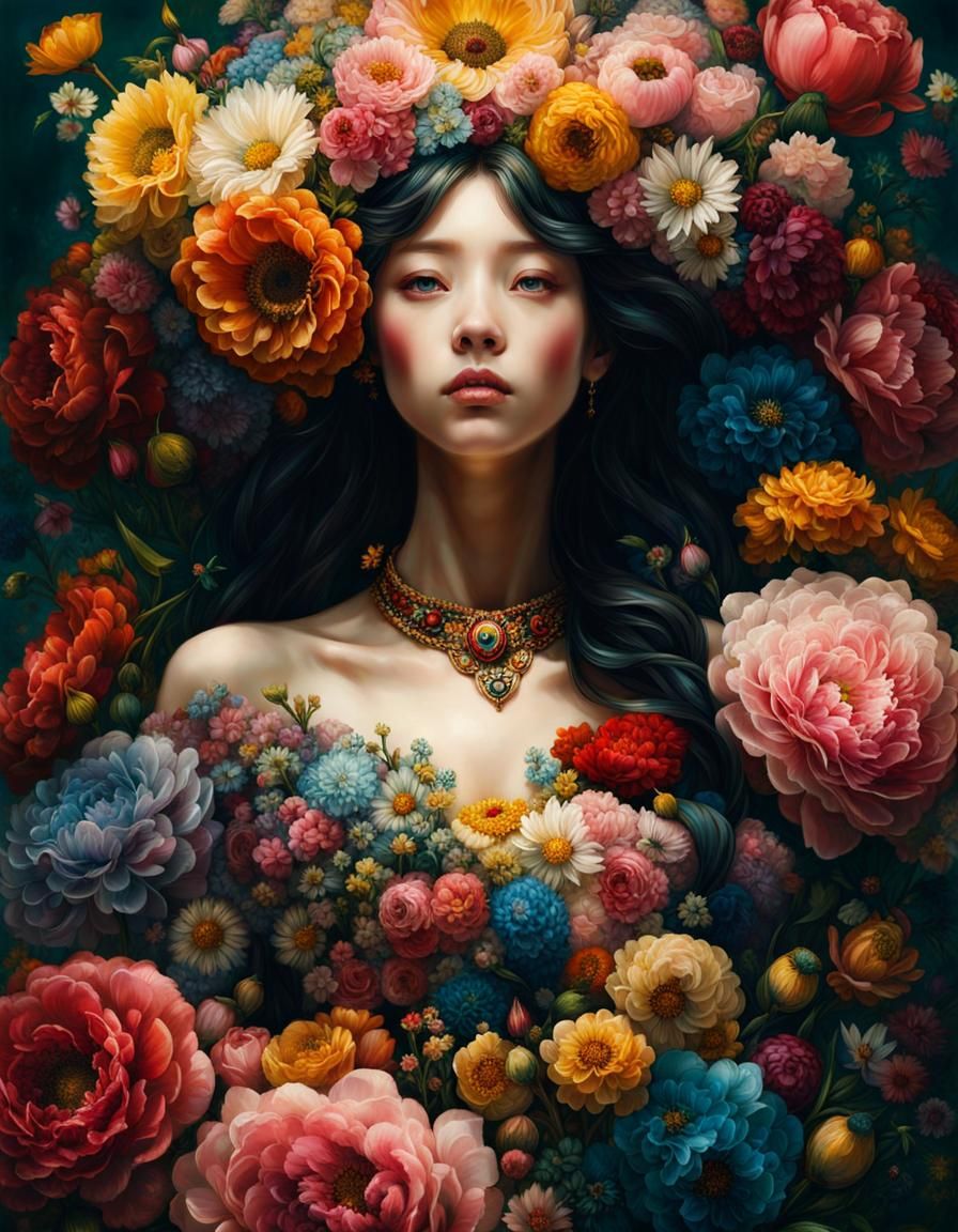 Extremely detailed cinematic film still photography of centered manhwa portrait of flower princess wearing dress made ou...