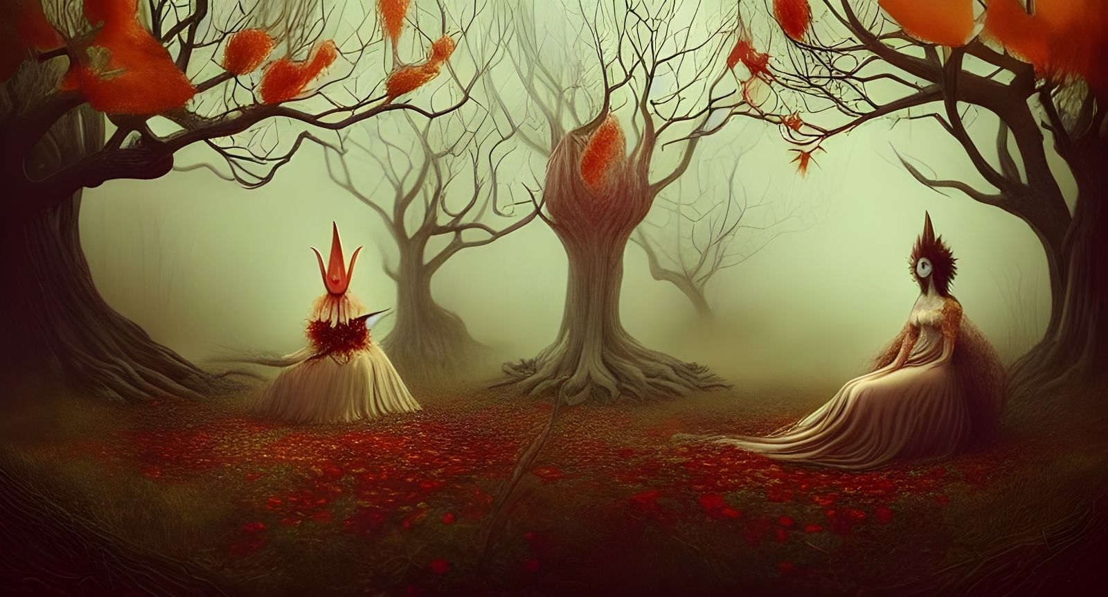 Surreal Autumn Afternoon Tea in Dark Fantasy Forest