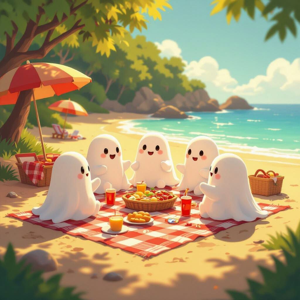 Adorable Ghosts Enjoying Beach Picnic in Golden Hour Light