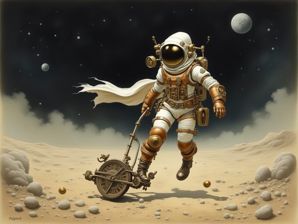 Steampunk Astronaut Long Jump on the Moon as Impasto Paintin...