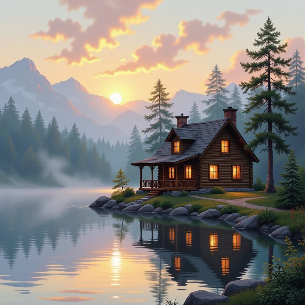 Misty Lake Cabin at Dawn in Romantic Style