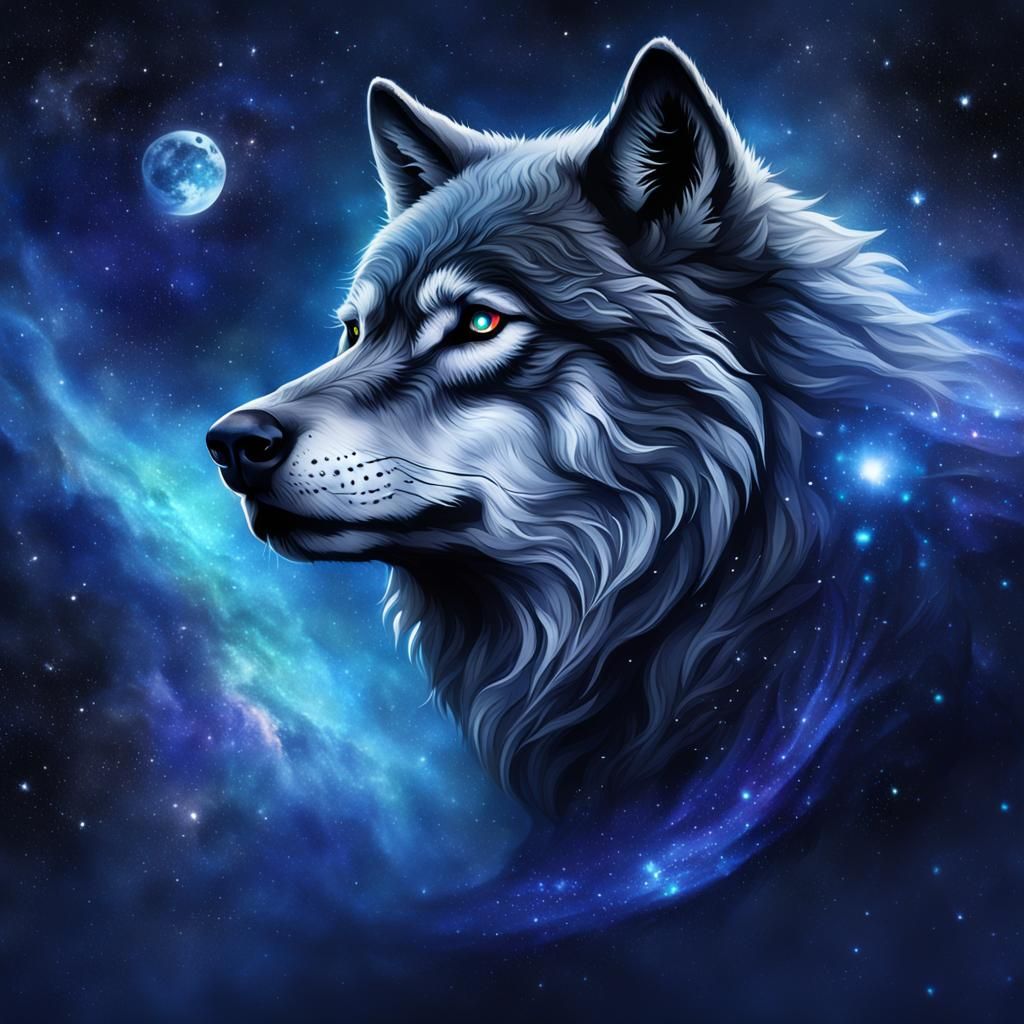 Dark Fantasy Wolf in Ethereal Galaxy