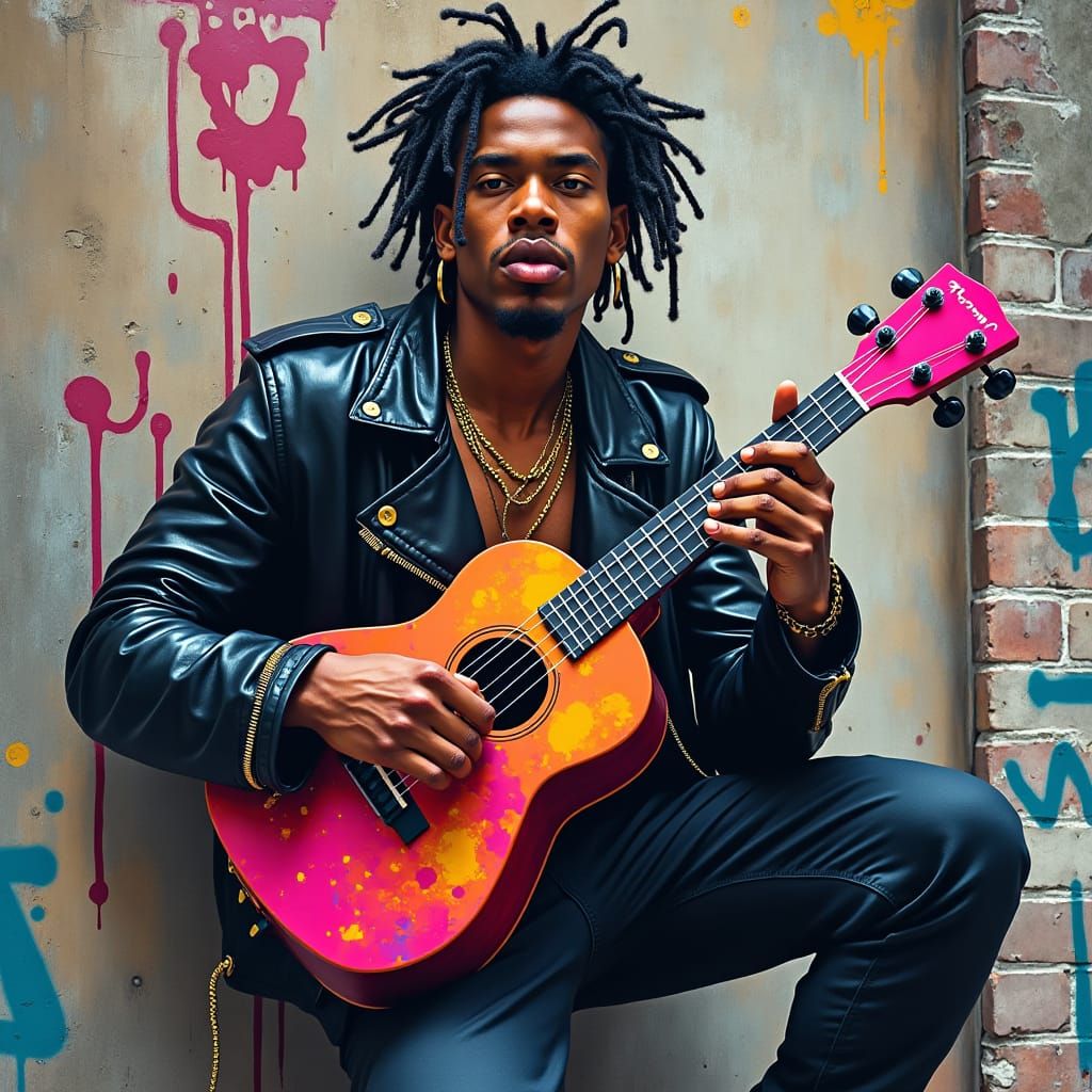Hip Hop Ukulele Player in Cyberpunk Street Art Style