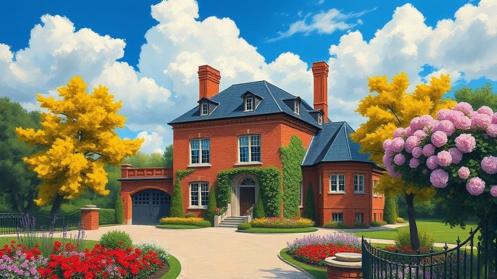 Grand Brick Chateau Amidst Vibrant Impressionist Landscape