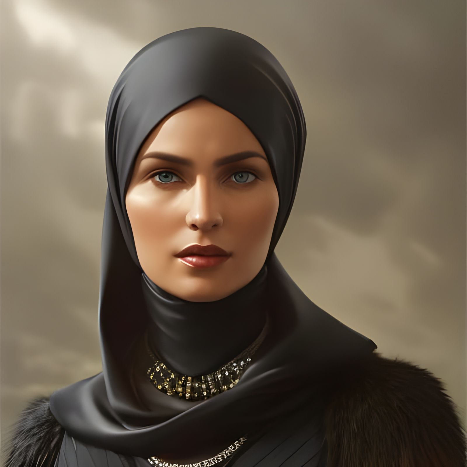 German Woman in Hijab with Latex Dress, Detailed Portrait