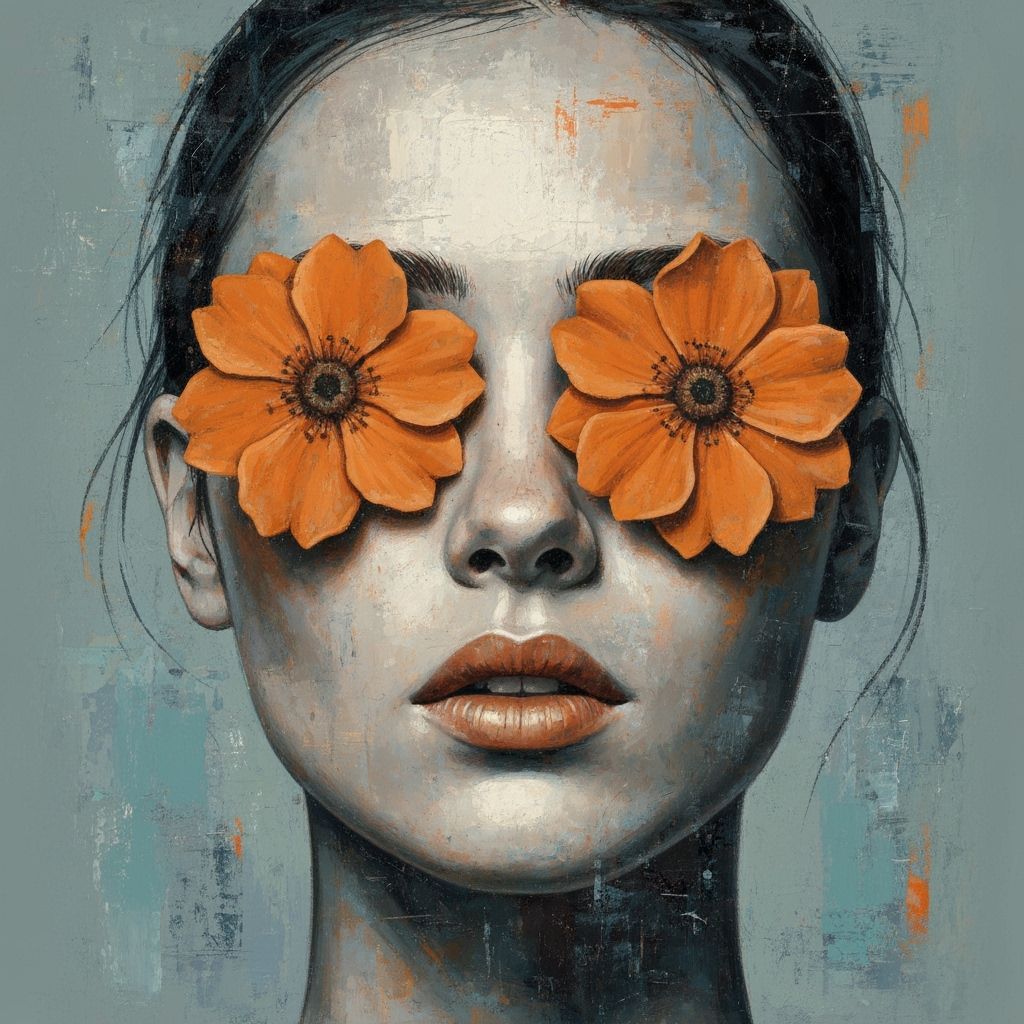 Abstract Expressionist Portrait of Woman with Orange Flowers