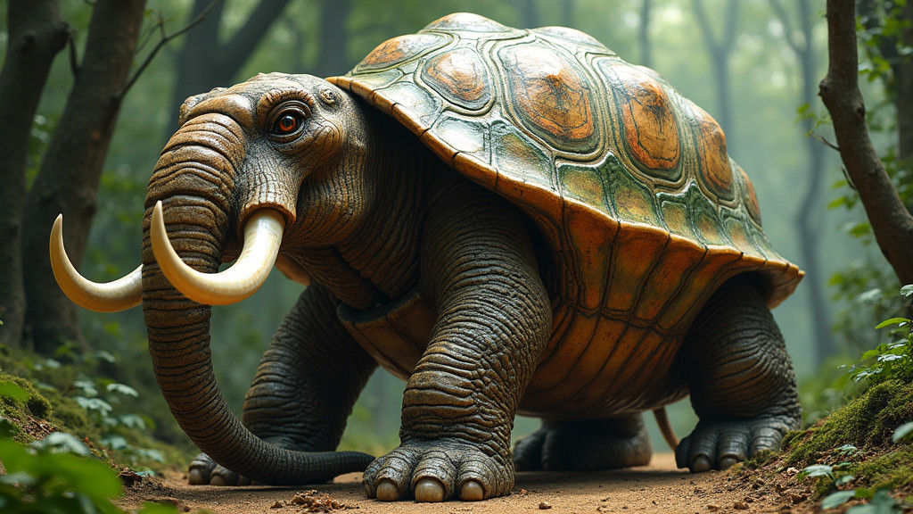 Lumbering Mosaic Turtle Creature in Earthy Browns and Greens