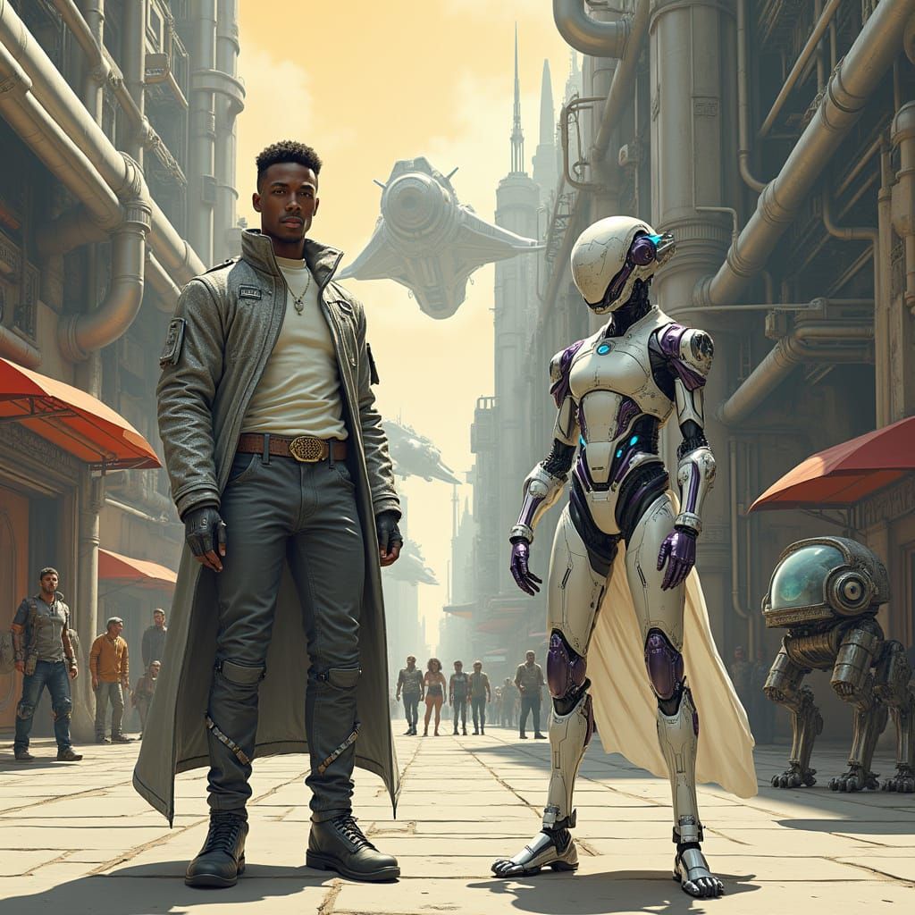 Confident Futuristic Hero Stands Beside Robot in High-Tech C...